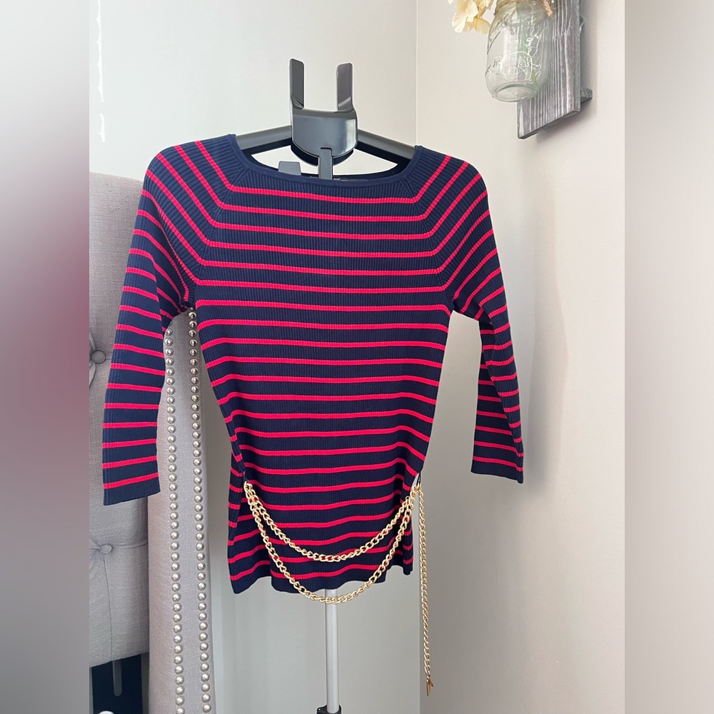 Lauren RALPH LAUREN Women Red Striped Sweater Sz S Golden Chain Belt Pre-Owned
